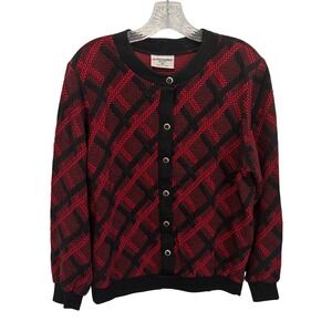 Alfred Dunner Button Front Knit Plaid Sweater Cardigan Women M Petite Red Black